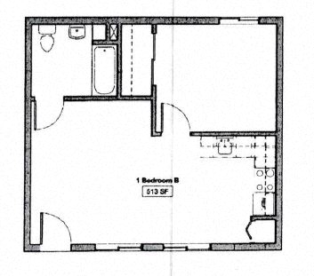 Floor plan for 1 bed, 1 bath, 566 sqft
